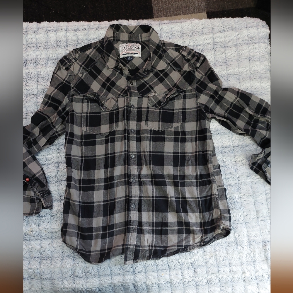 Marc Ecko Men's Black and Gray Checkered Shirt‎ Large